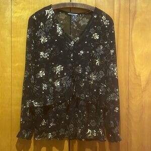 Blouse Womens M Sheer Metallic Floral Ruffle Tie Waist Whimsigoth Fairy Grunge